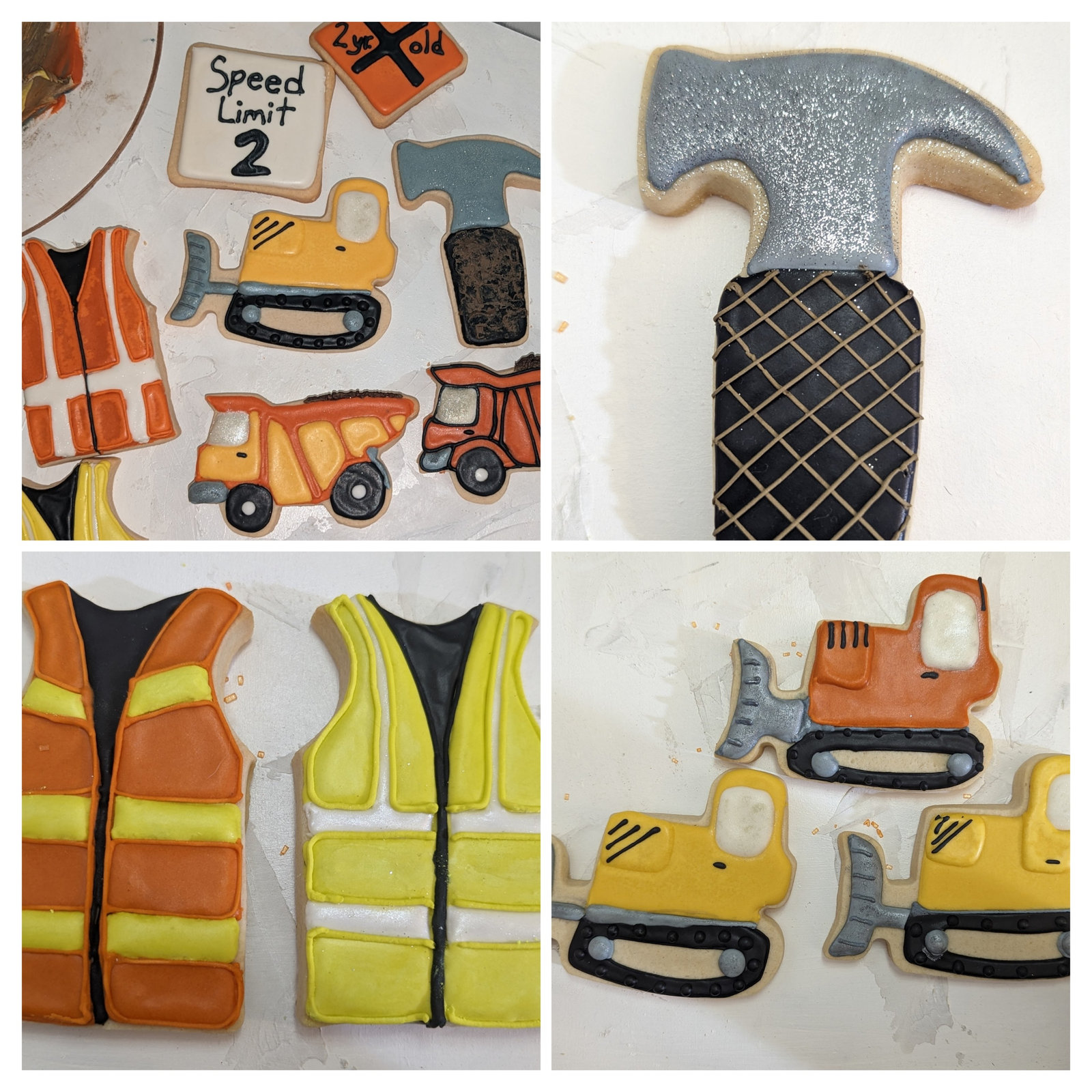 Construction-themed cookies: safety vests, a hammer and an excavator