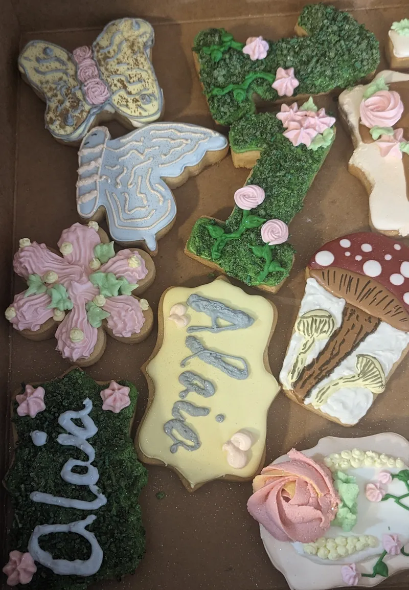 Fairy garden cookies with butterflies, mushrooms, flowers and names